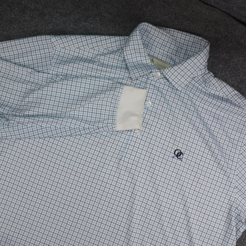 Donald Ross Shirt Mens Large Polo White Blue Grid Long Sleeve Golf Sportswear